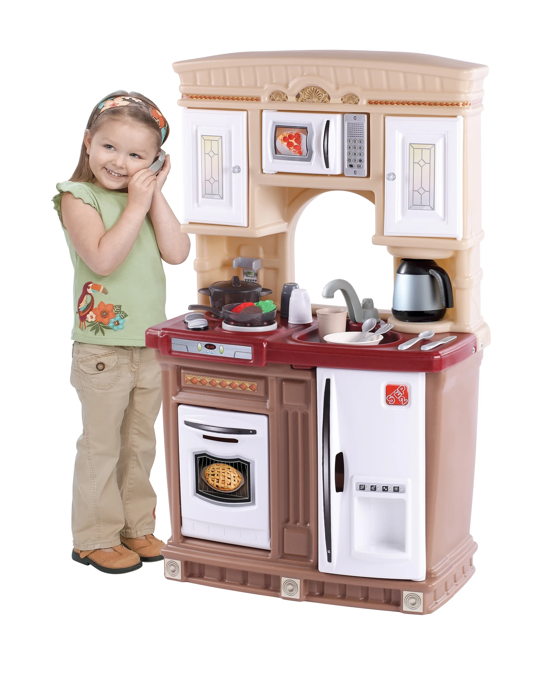 Step2 Lifestyle Fresh Accents Brown Toddler Plastic Kitchen with 30 Piece Kitchen Play Set