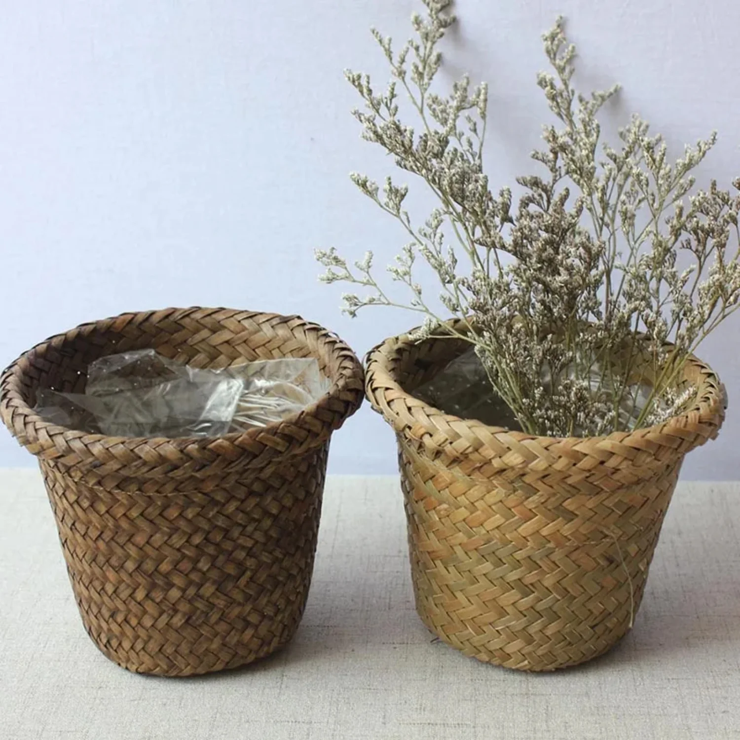 Handmade Sea Grass Garden Flower Pot Basket  Natural Straw Organizer for Sundries  Rustic Rattan Plant Pots Planter with Flowerpot Cover
