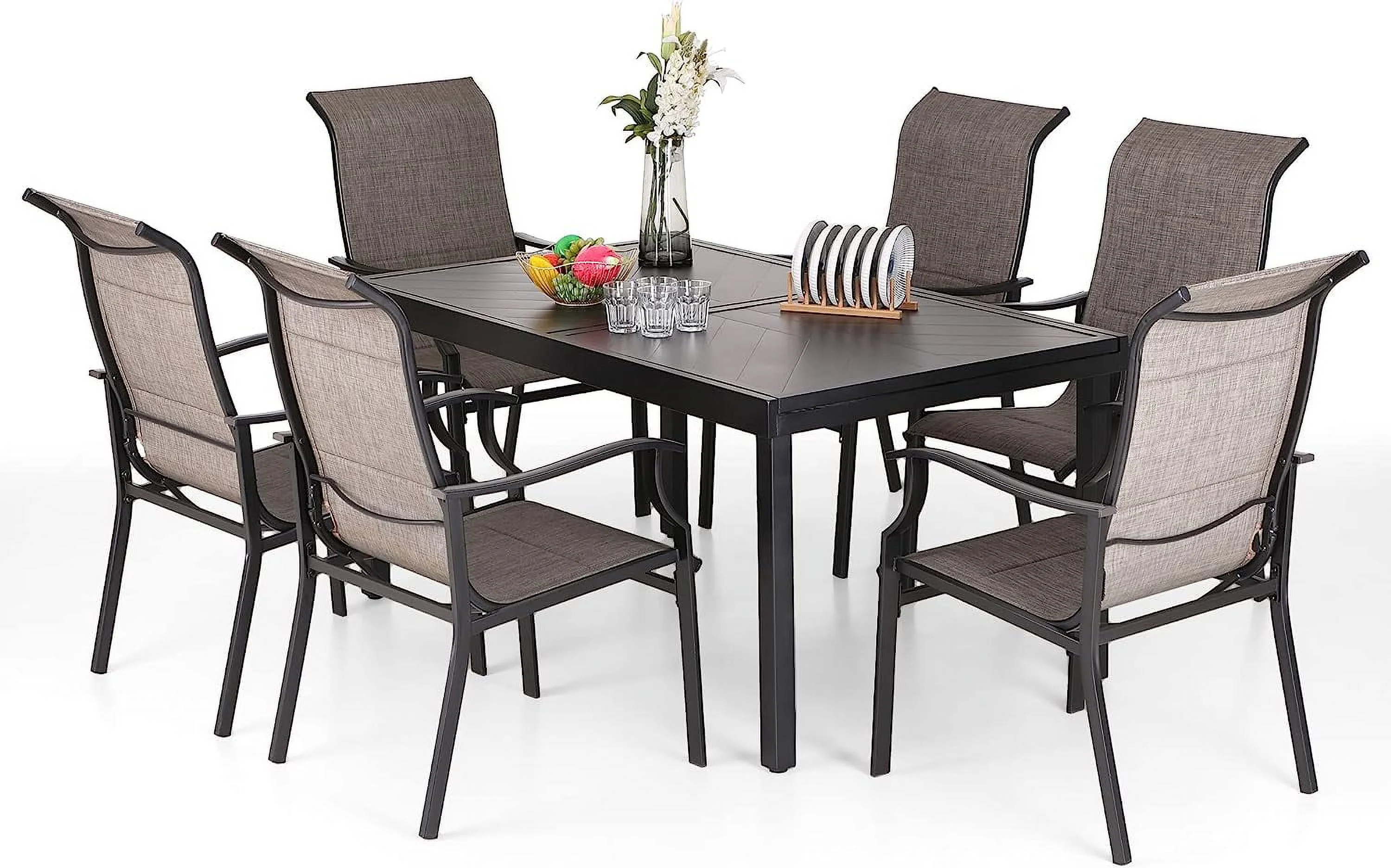 VILLA Outdoor Dining Set for 8  Patio Table and Chairs Set with 8 Padded Deep Seating Swivel Dining Chairs & Full Metal Extendable Table  Outside Furniture Dining Set for Poolside  La