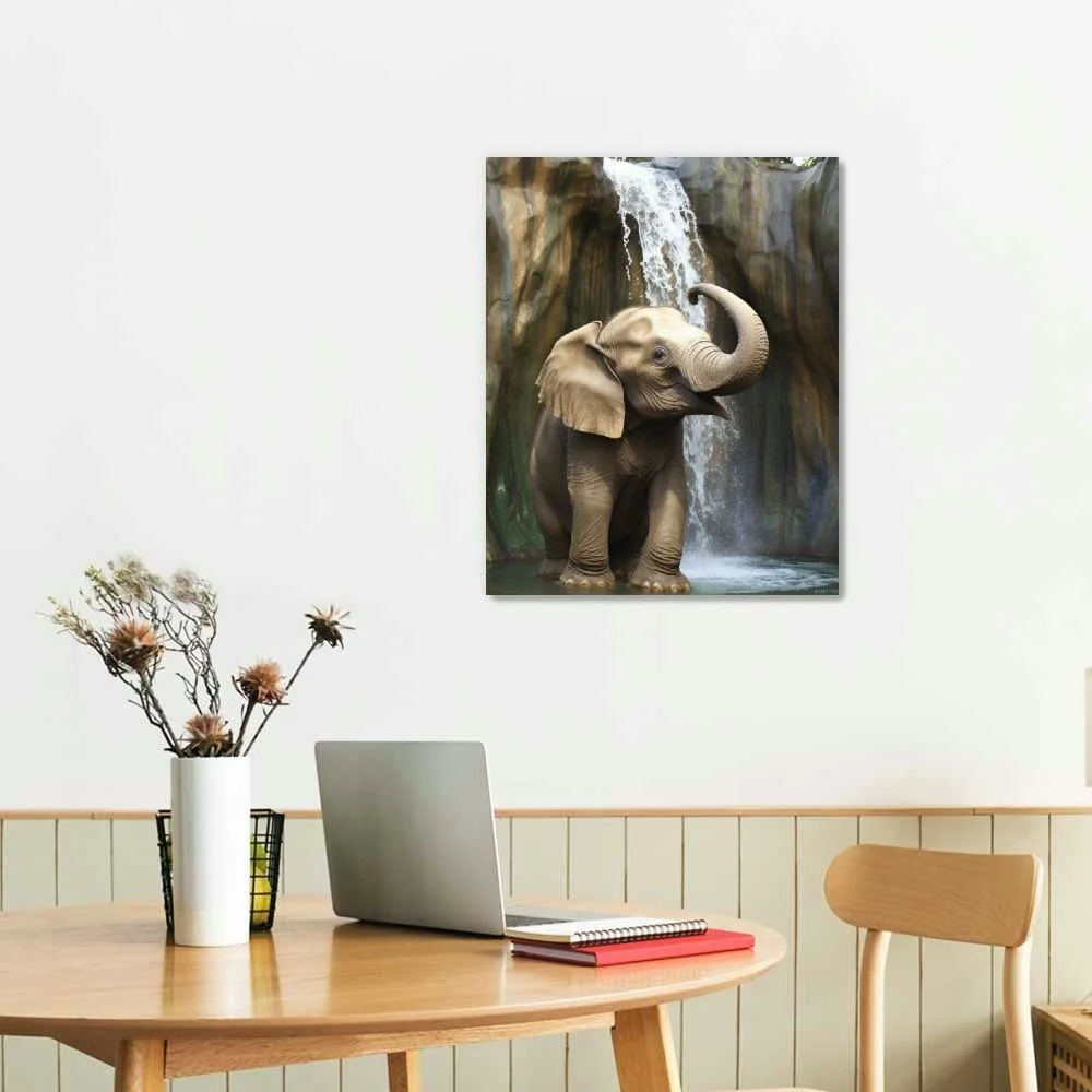 Fenyluxe Oil Painting Canvas Wall Art Elephant Squirting Water,Picture Prints Artwork Stretched and Framed Animal Waterfall Landscape,Wall Decor Ready to Hang for Living Room Bedroom Bathroom 16x20in