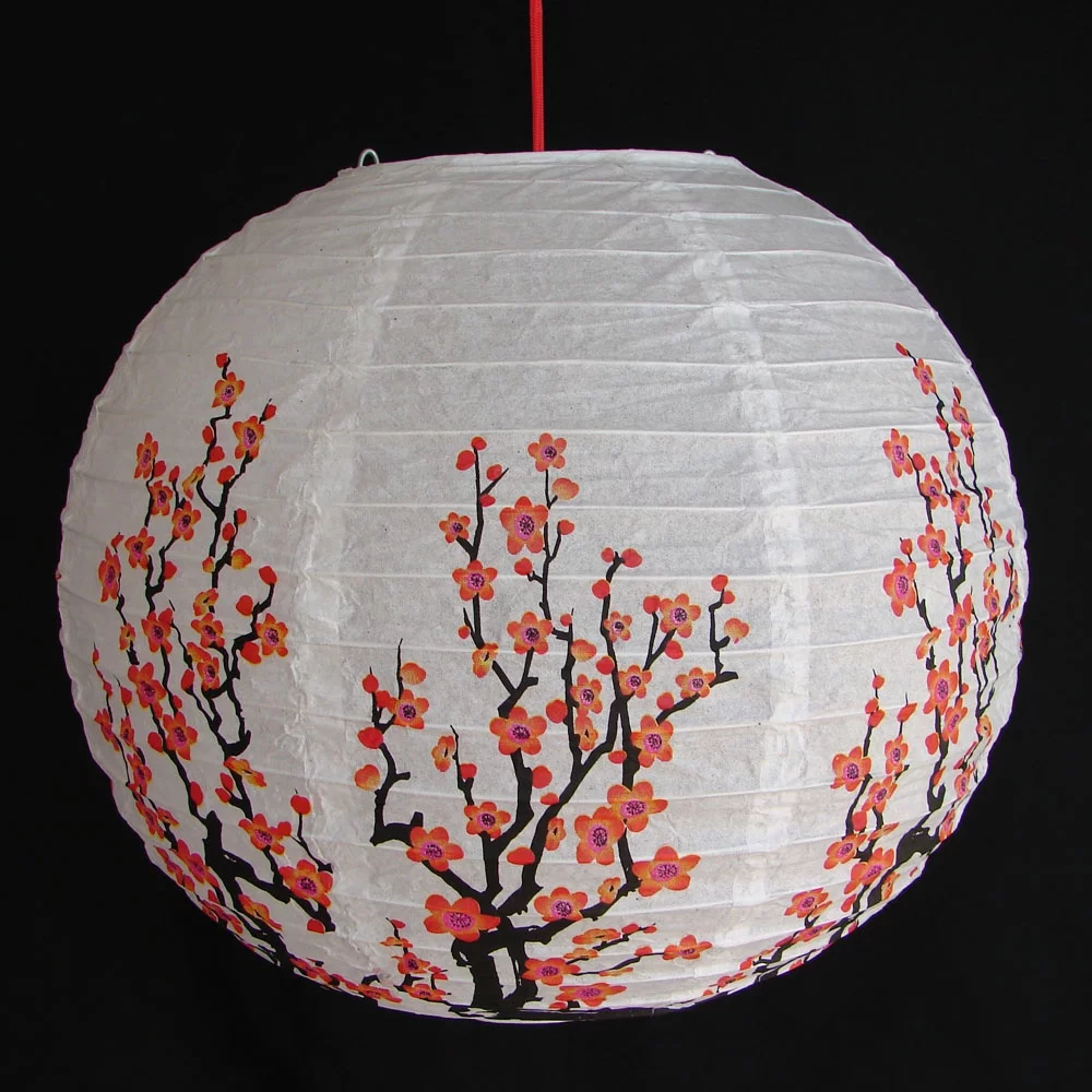 2 Pcs of 12 Inch Chinese White Paper Lanterns with Plum Pictures