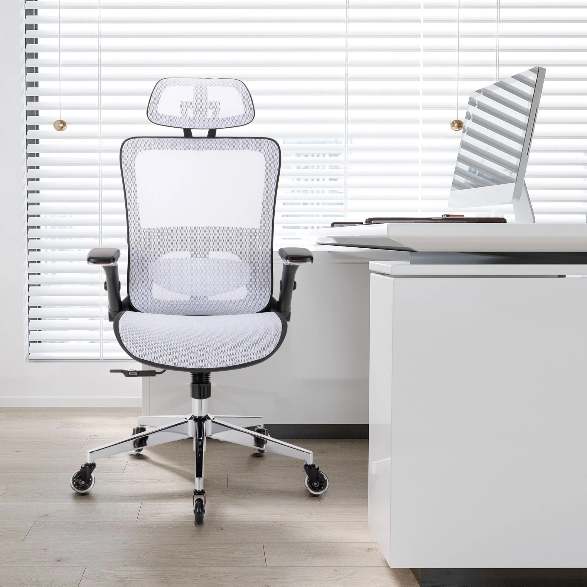 DeeHome WHITE Ergonomic Mesh Office Chair, High Back - Adjustable Headrest with Flip-Up Arms, Tilt and lock Function, Lumbar Support and blade Wheels, KD chrome metal legs