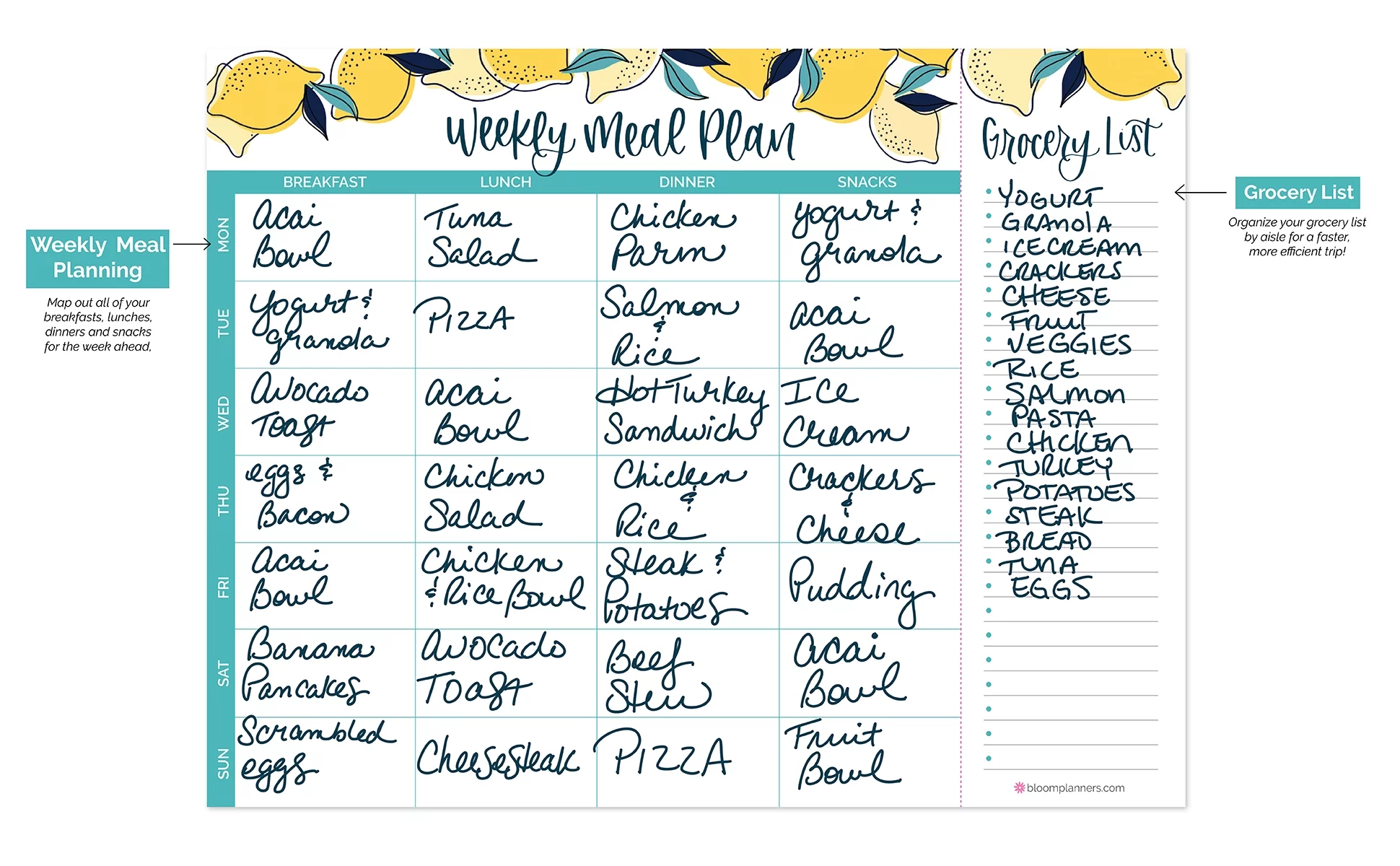 bloom daily planners Horizontal Meal Planning Pad with Magnets, Lemons, 8.5