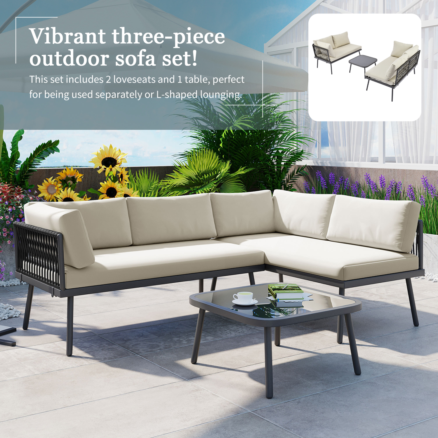 Black  Modern and Weather-Resistant 3-Piece PE Rattan Sofa Set for Outdoor Patio with Metal Sectional Furniture Set Including Cushions and Glass Table - Perfect for Backyard  Poolside  Ga