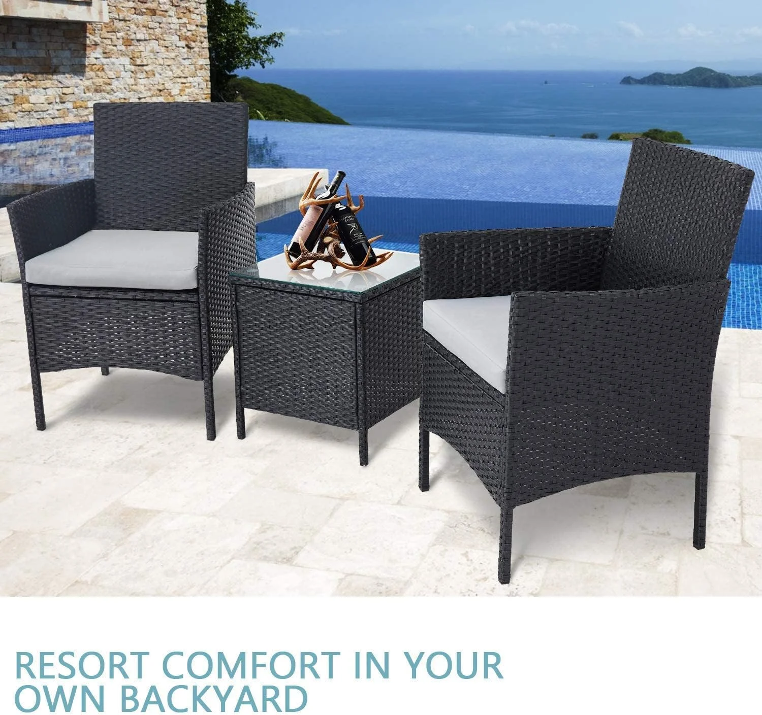 SJUIODC TUIONMJ 3-Piece Patio TUIONMJ Set Black Wicker Outdoor Bistro Chair Set with Coffee TUIONMJ for Garden  Porch  Poolside  Balcony  Grey