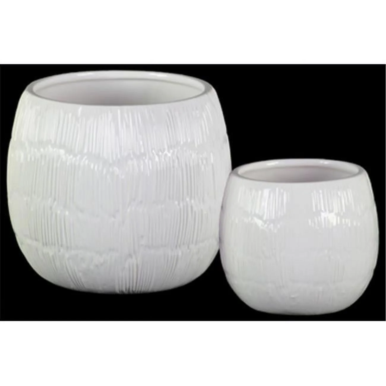 Ceramic Low Round Pot with Embossed Lines Design Body & Tapered Bottom, White - Set of 2