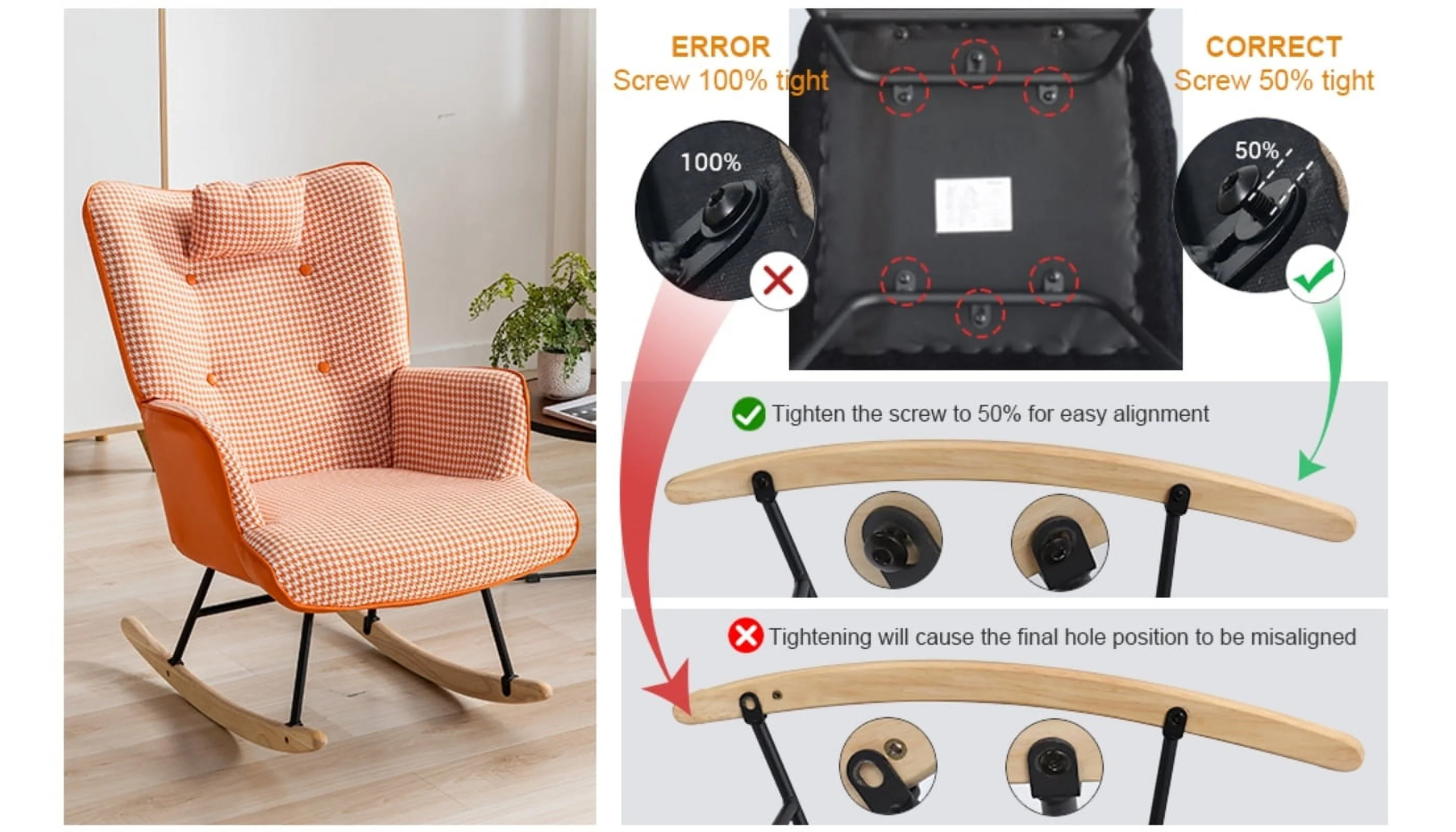 Stylish Vibrant Orange Houndstooth Fabric Leather Rocking Chair - Soft and Comfy 35.5 inch Wingback Glider Rocker with Safe Solid Wood Base for Nursery  Living Room  Bedroom Balcony