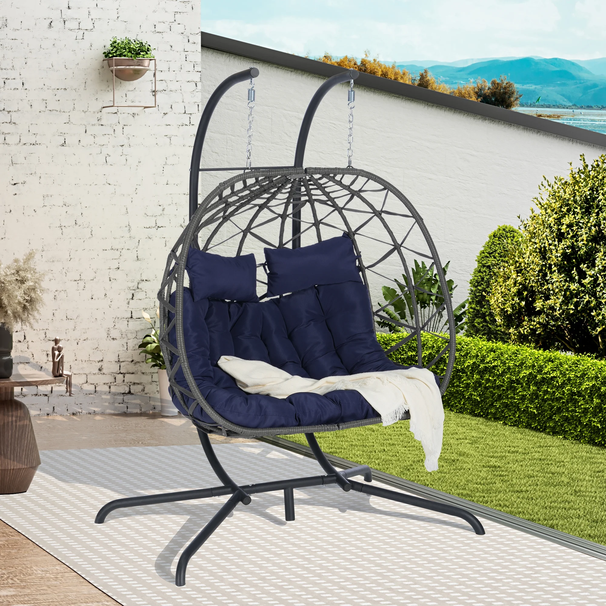 Royard Oaktree 2 Person Double Egg Swing Chair with Stand, Large Rattan Hammock Chair Swing Loveseat with Cushion and Pillows, Outdoor Hanging Patio Wicker Basket Chair for Patio Bedroom