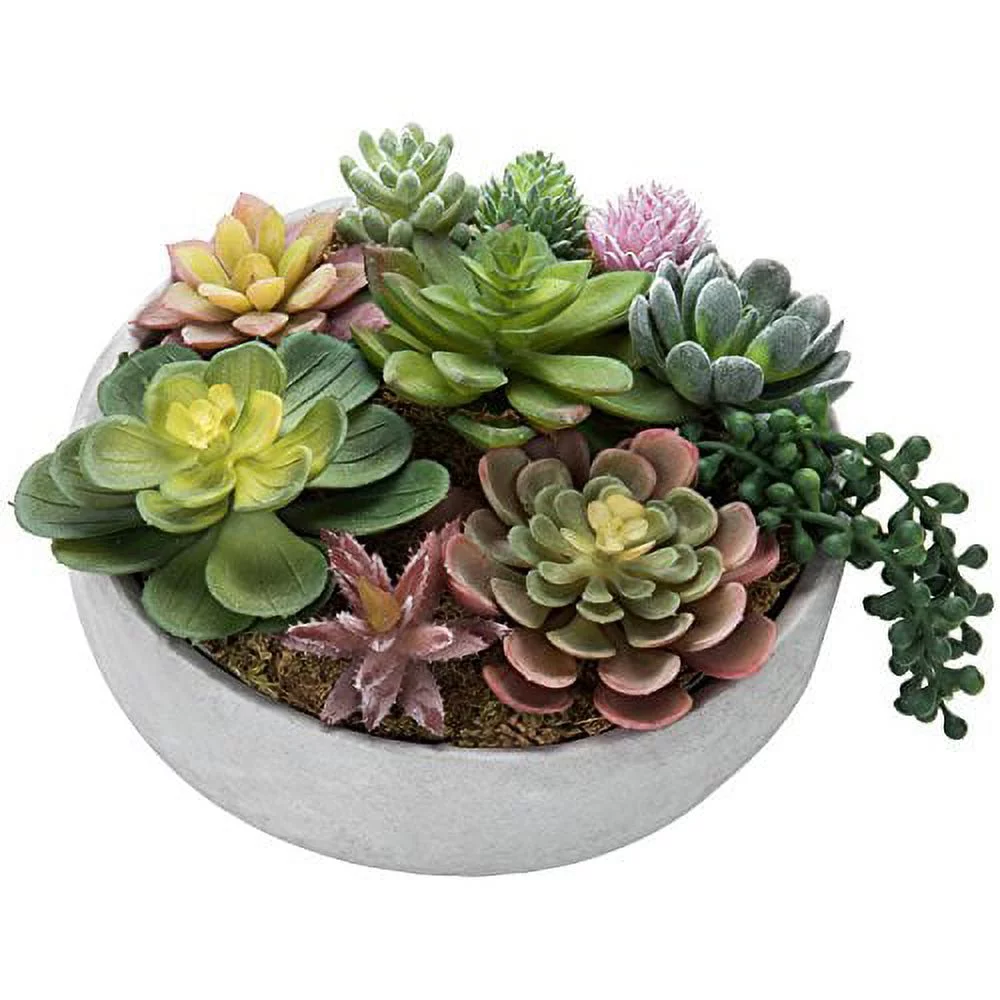 MyGift 8 inch Artificial Succulent Arrangement in Round Modern Concrete Pot, Gray