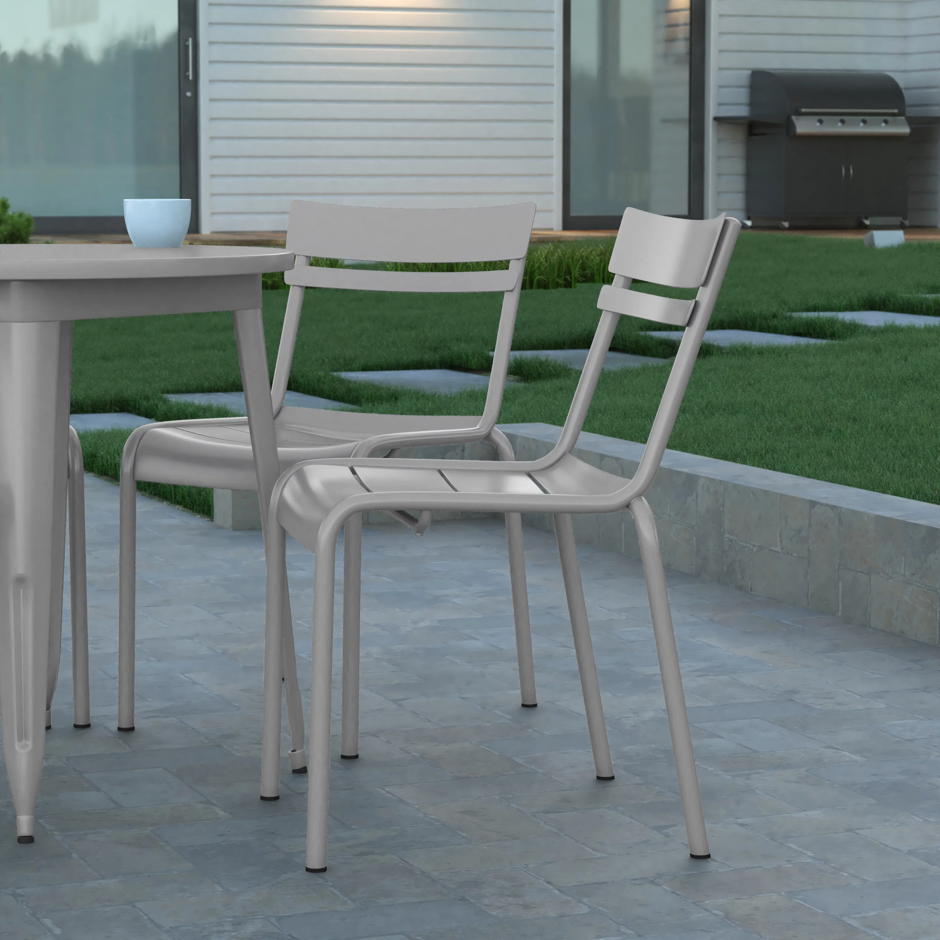 Emma + Oliver Set of 2 Armless Powder Coated Steel Stacking Dining Chairs with 2 Slat Backs for Indoor-Outdoor Use in Silver