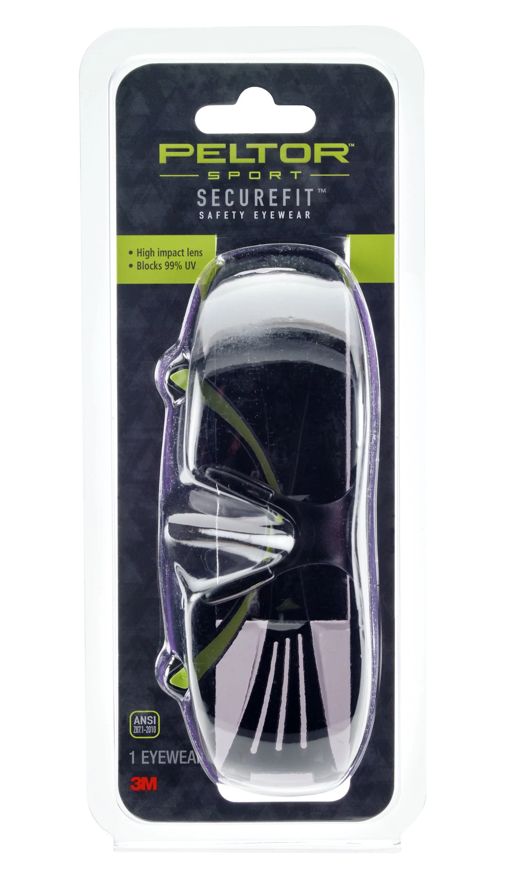 Peltor Sport SecureFit 400 Hunting and Shooting Glasses, Black/Green Frame, Clear Polycarbonate Lens, 1 Pair