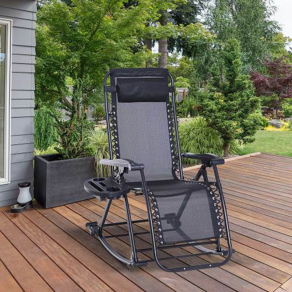 GUIOIHDC Outdoor Rocking Chairs  Foldable Reclining Anti Gravity Lounge Rocker w/ Pillow  Cup & Phone Holder  Combo Design w/ Folding Legs  Black