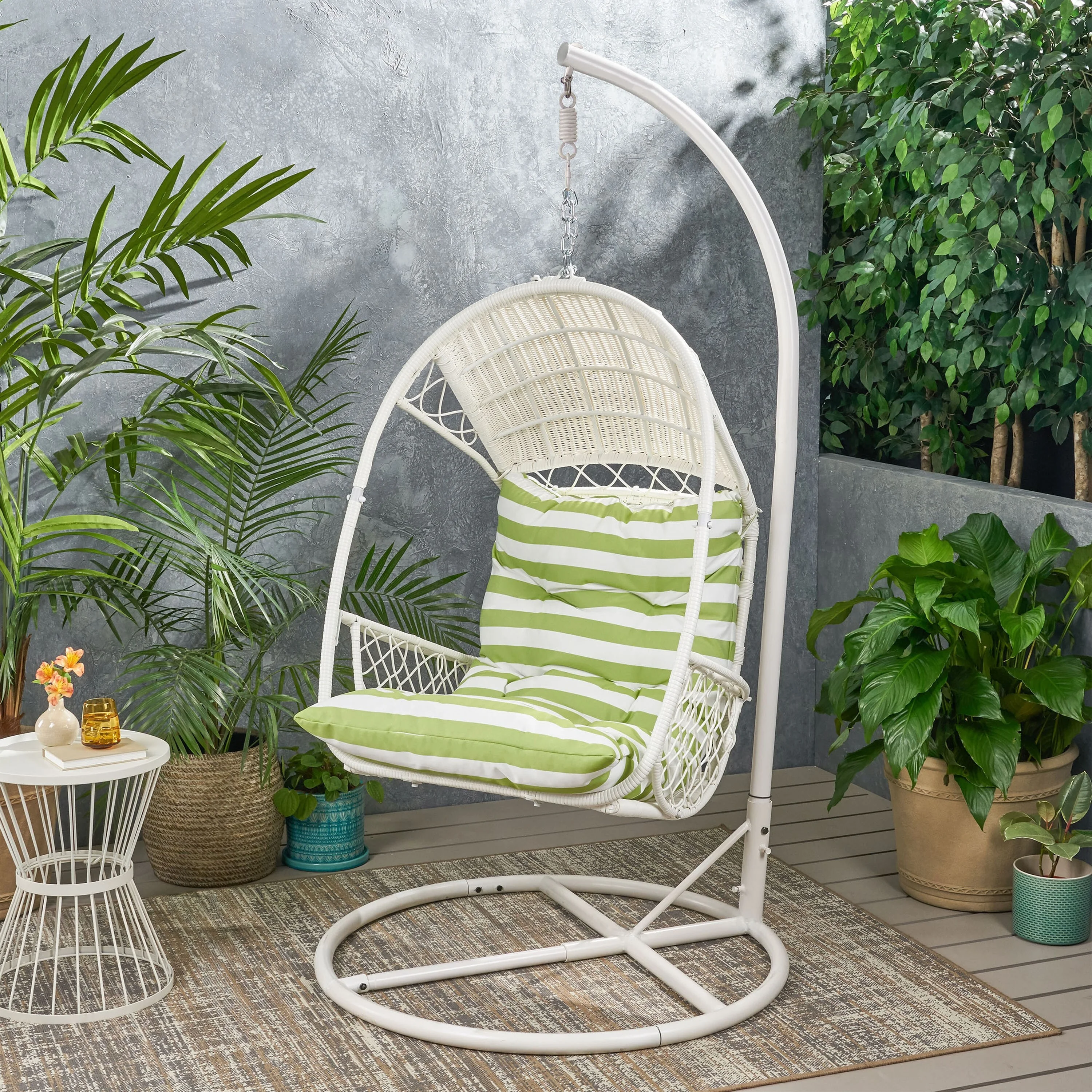 Christopher Knight Home Malia Wicker Hanging Chair with Stand by  White/Green