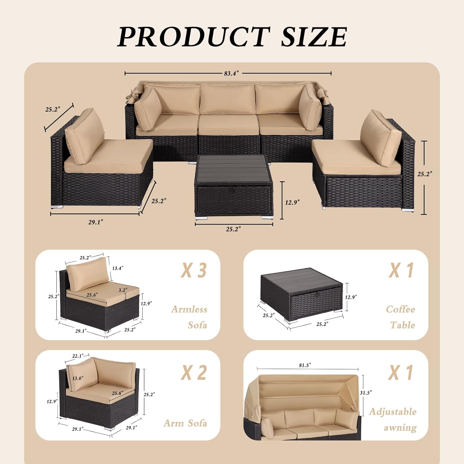 Dina 6 Pieces Patio Furniture Sets PE Wicker Outdoor Patio Couch with Retractable Canopy Patio Modular Rattan Conversation Set Sectional Set w/Storage Box for Backyard  Deck  Poolside  Pa