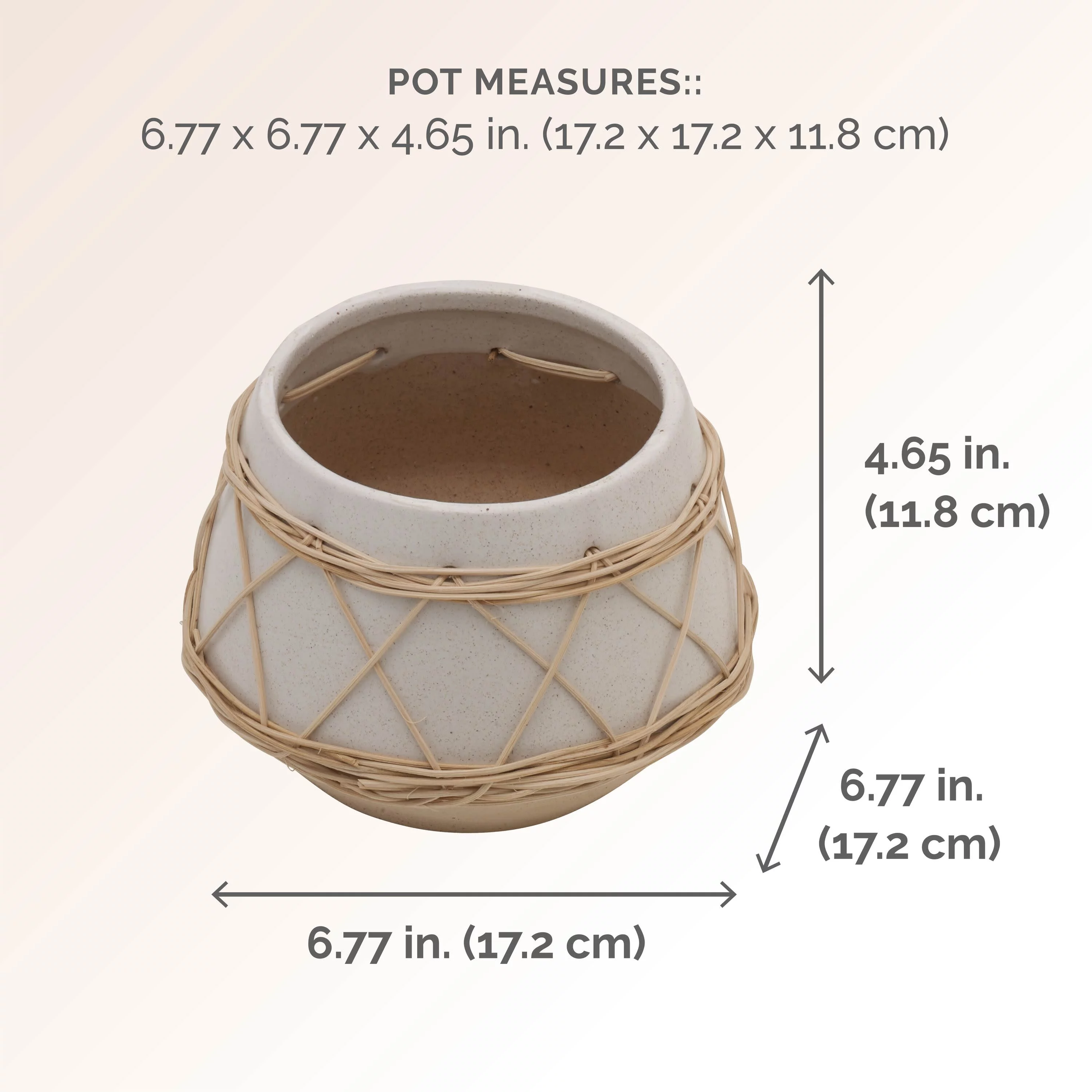 Elements 7X5 Inch Rattan Wrap White Stoneware Pot