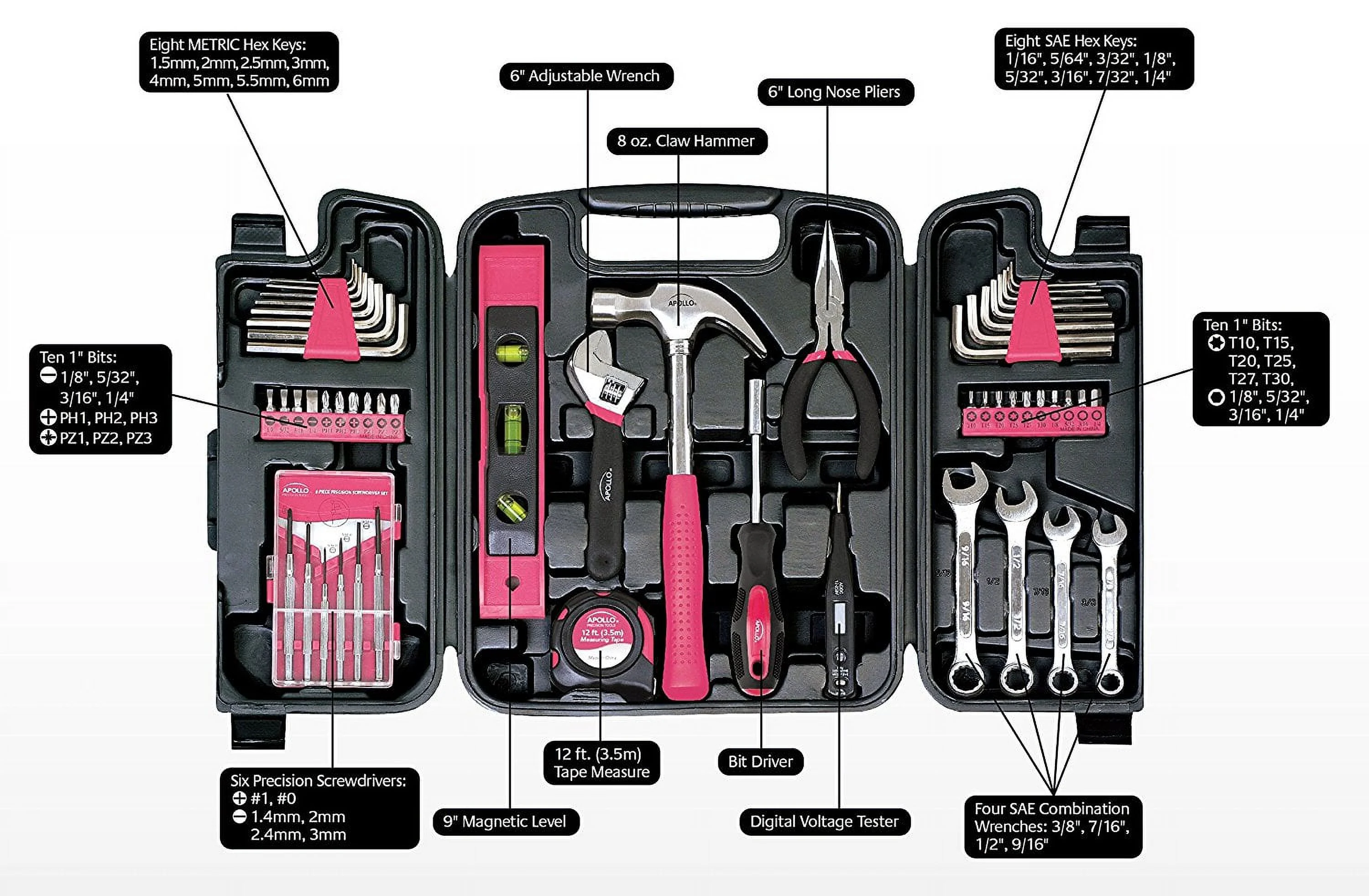 Apollo Tools Dt9408 53 Piece Household Tool Set With Wrenches, Precision Screwdriver Set And Most Reached For Hand Tools In Storage Case