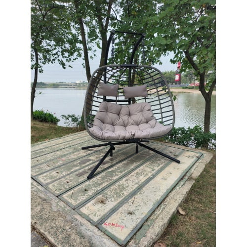 Buumin 2 person wicker double swing chair with cushion grey