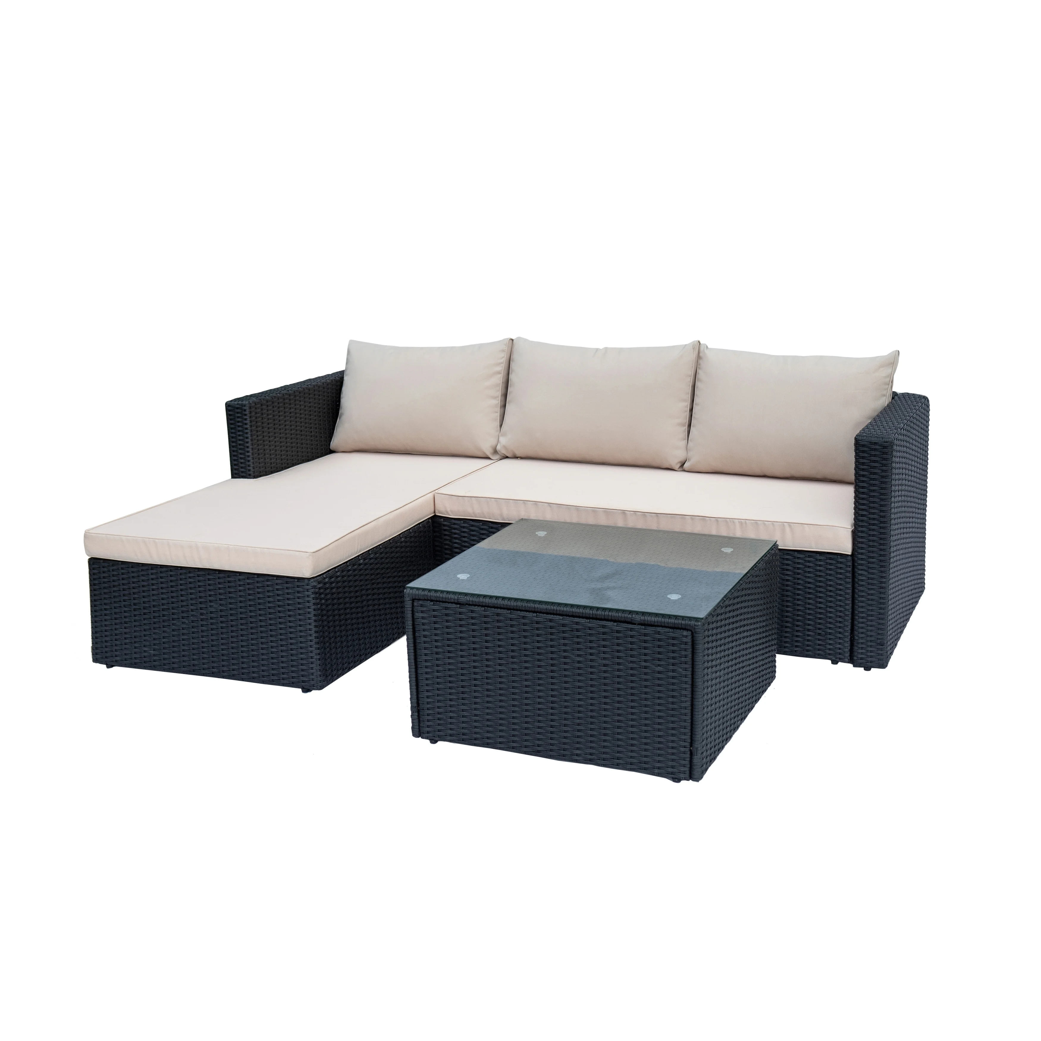 Maypex  3 PC Wicker Outdoor Corner Lounge Seating Set with Cushions Black
