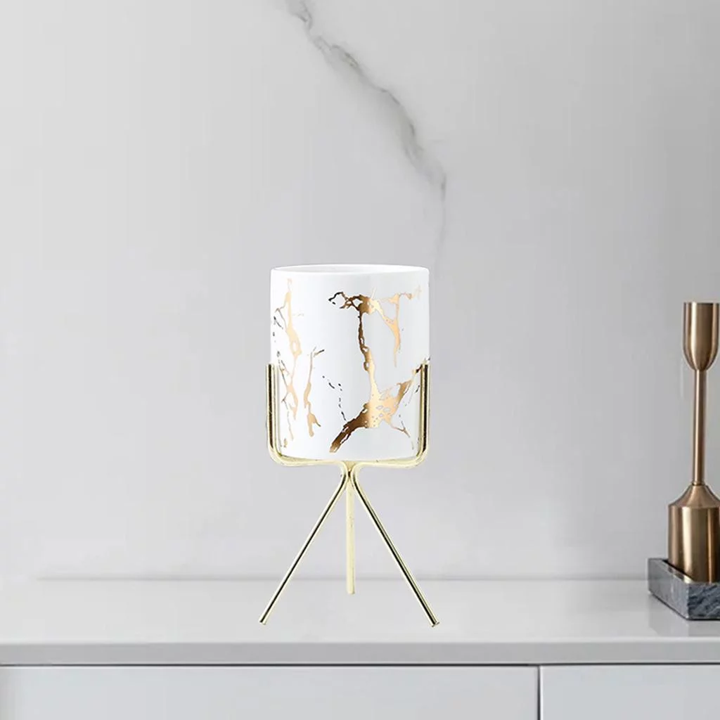 Marble Texture Pot with Stand Cylinder Planter Holder White L