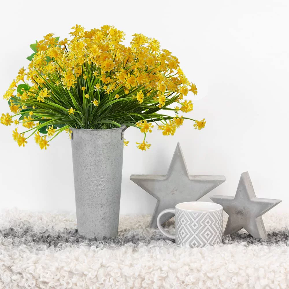 Babibeauty 8 Bundles Artificial Daisy Flowers Sunflowers UV Resistant No Fade Greenery Flowers for Wedding Garden Hanging Planter Indoor Porch Patio Home Decor(Yellow)