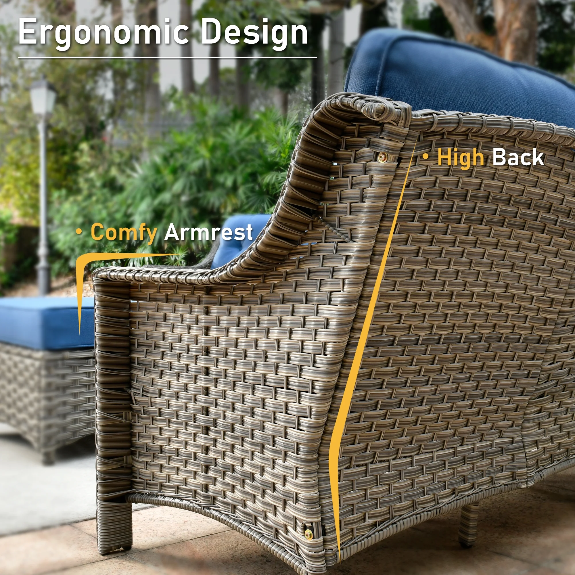 HOOOWOOO Patio Furniture Set All Weather Rattan Wicker Conversation Set with Smokeless Fire Pit Table,Diamond Blue