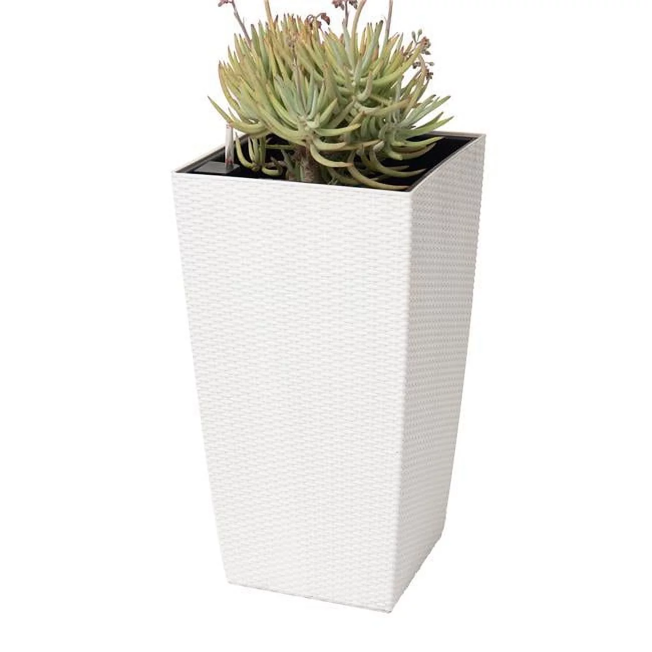 30' H White Rattan Self Watering Indoor Outdoor Square Planter Pot, Tall Decorative Gardening Pot