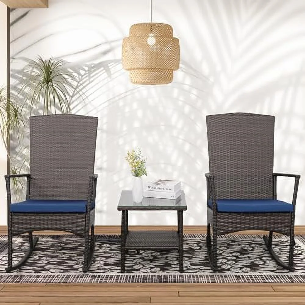 xrboomlife Outdoor Rocking Chair 3 Piece Porch Chairs PE Wicker Patio  Brown Rattan  Sets with Coffee Table  Grey Cushion