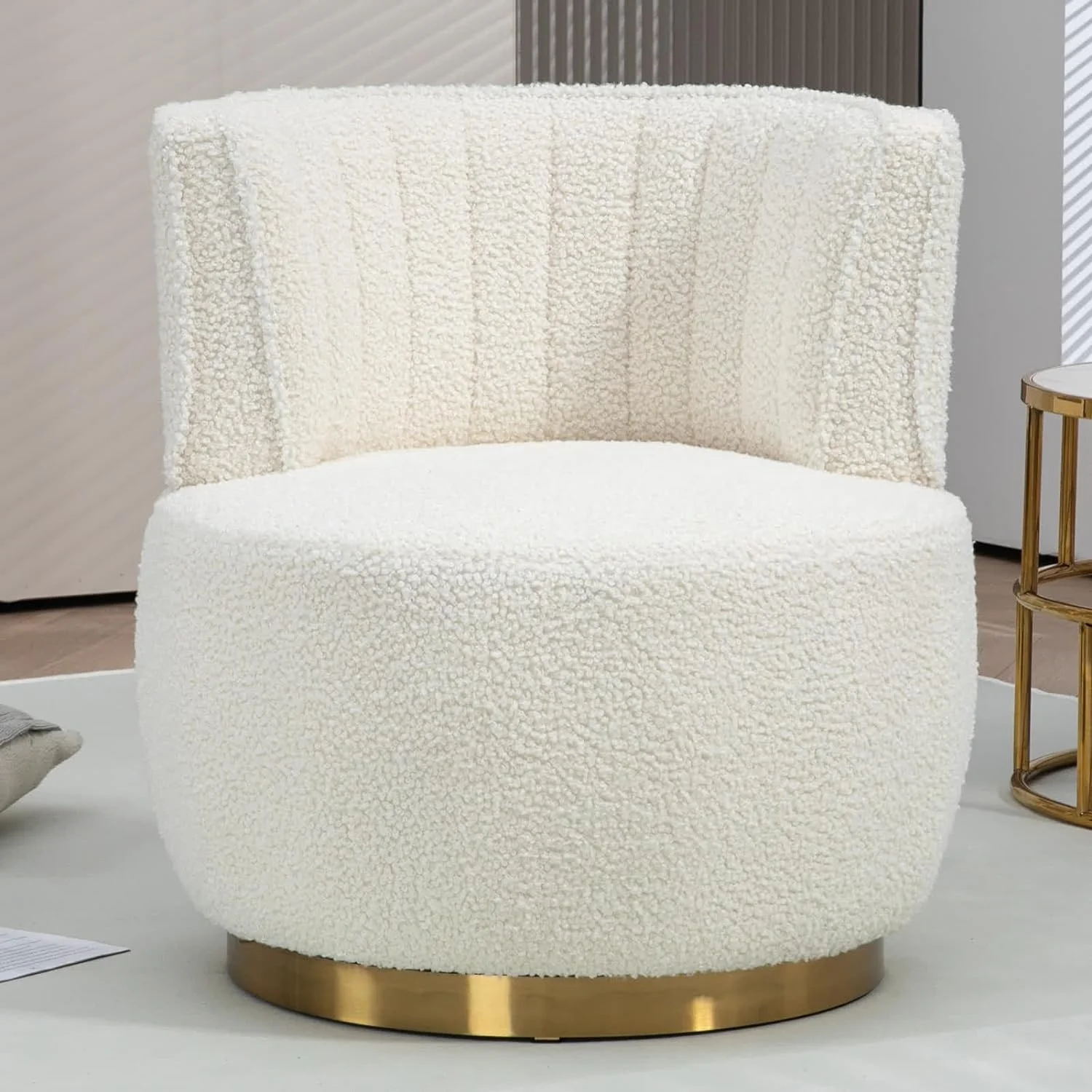 SQRTVCD TUIONMJ Swivel Barrel Chair Mid Century TUIONMJ Chair Fluffy Velvet Upholstered Comfy Armchair Round Sherpa Chair with Gold Base for Nursery Living Room Bedroom Office Waiting Roo