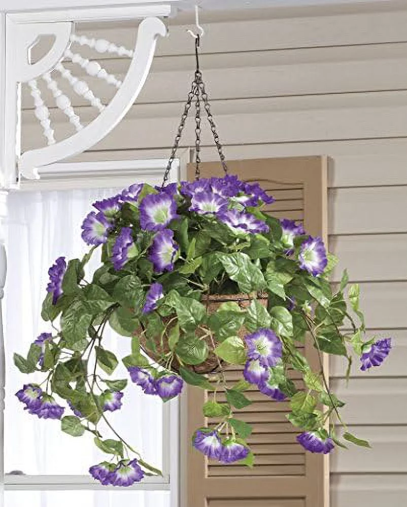 miles kimball fully assembled artificial petunia flower hanging basket, 10” diameter and 18” chain – polyester/plastic flowers in metal and fiber liner basket for indoor/outdoor use