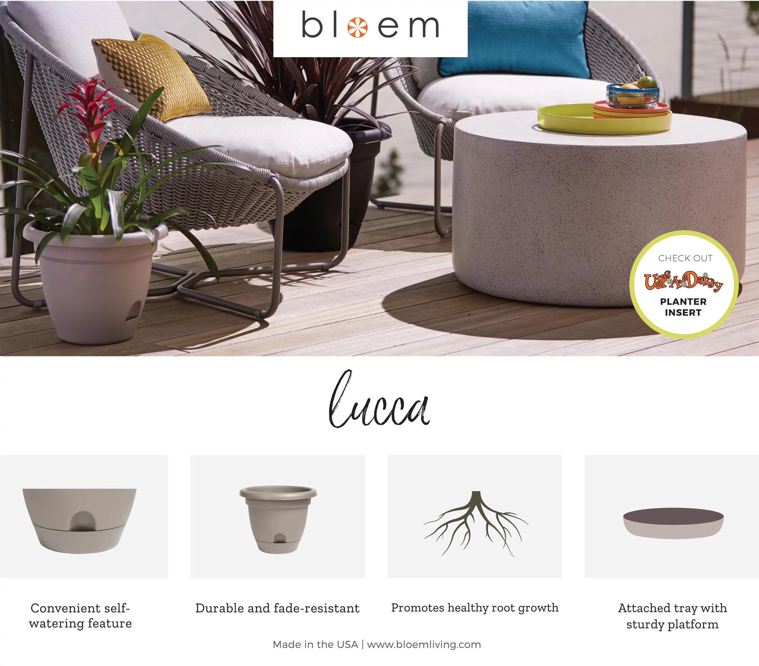 Bloem Lucca Self Watering Planter w/ Saucer 16 in. Charcoal