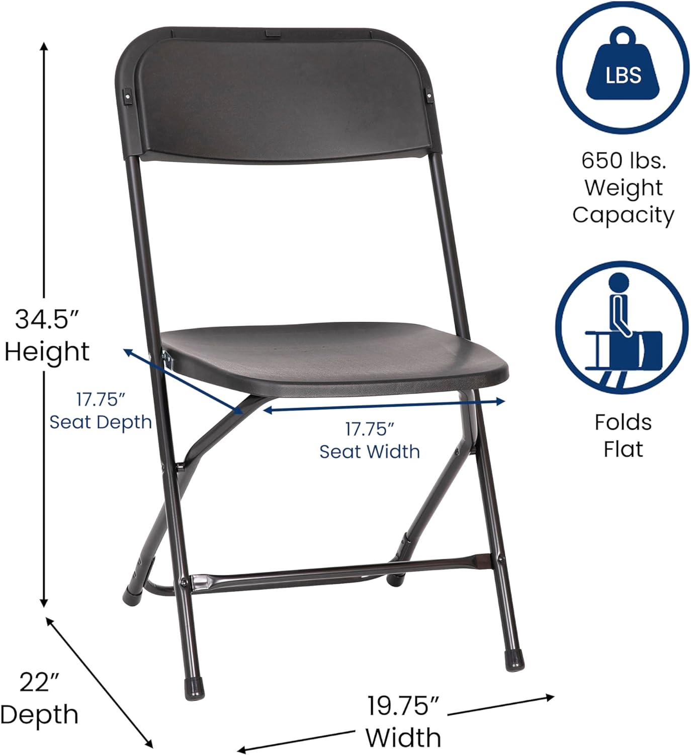 MINGFENG Hercules Series Big & Tall Stackable Plastic Folding Chairs, Extra Wide Commercial Event Seats, Set of 4, Black