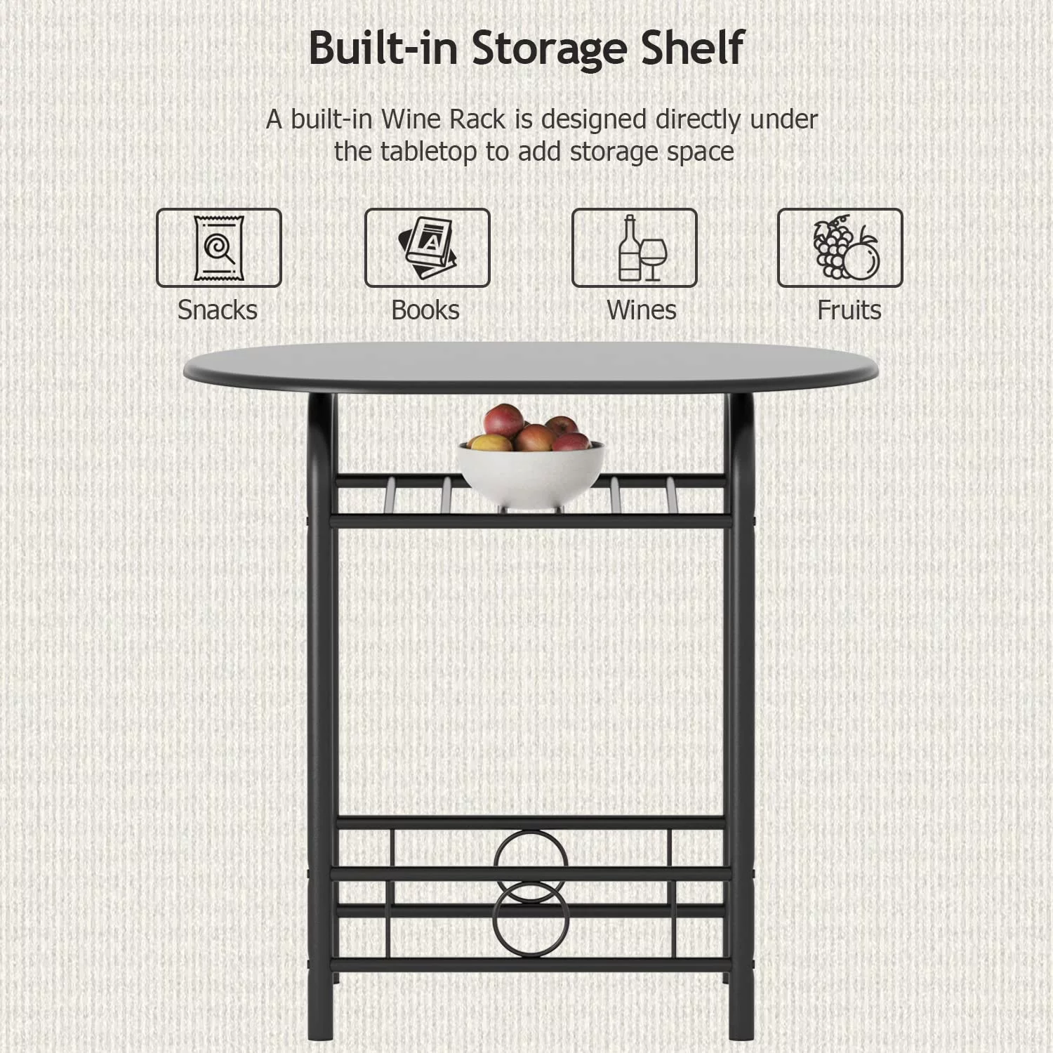 3-Piece Wooden Round Table & Chair Set, Space Saving Kitchen Breakfast Nook Wood Grain Tabletop with Metal Frame and Built-in Wine Rack for Kitchen, Dining Room (Black)