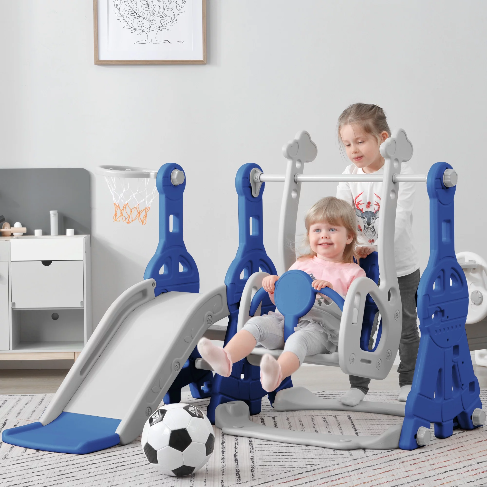 Track 7 Toddler Swing and Slide Set,3-in-1 Kids Climber Slide Playset W/Basketball Hoop,Long Slide,Thickened Panel,Baby Swing Set for Indoor Outdoor Backyard Age 1+,HDPE,Blue