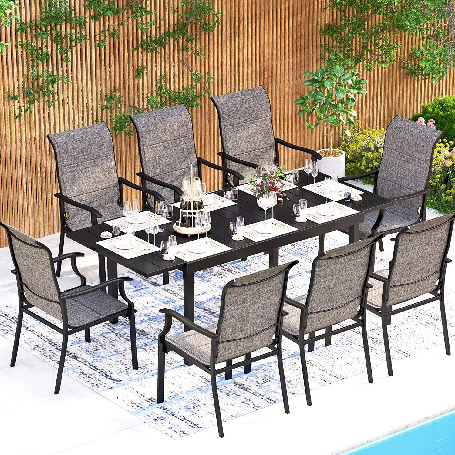 9 Pieces Patio Dining Set  Rectangular Expandable Black Metal Table with 8 Padded Textilene Fabric Chairs  Outdoor Furniture Set for Garden  Poolside  Backyard  Porch
