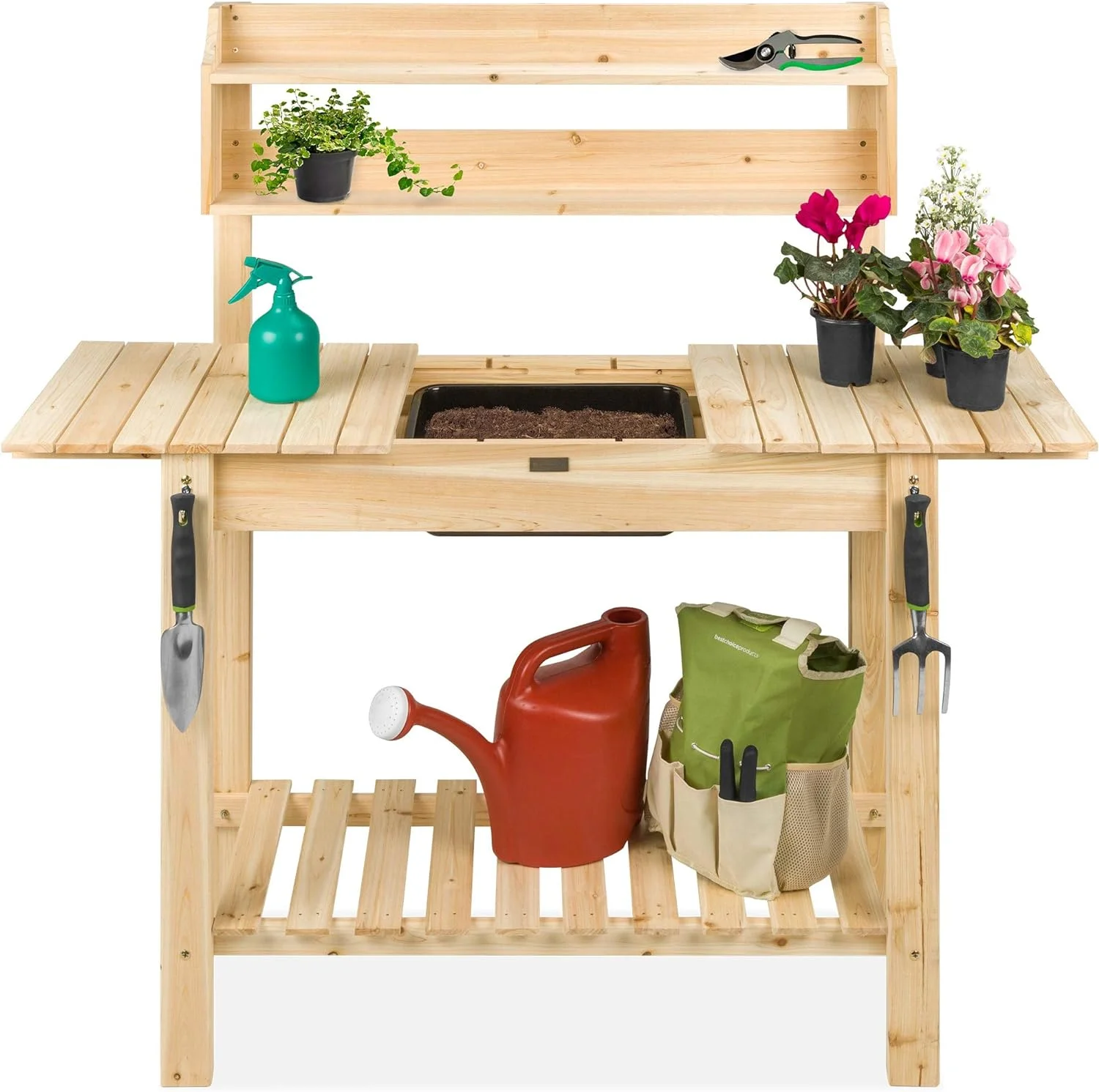 Outdoor Mobile Garden Potting Bench, Wood Workstation Table w/Sliding Tabletop, Food Grade Dry Sink, Storage Shelves - Natural