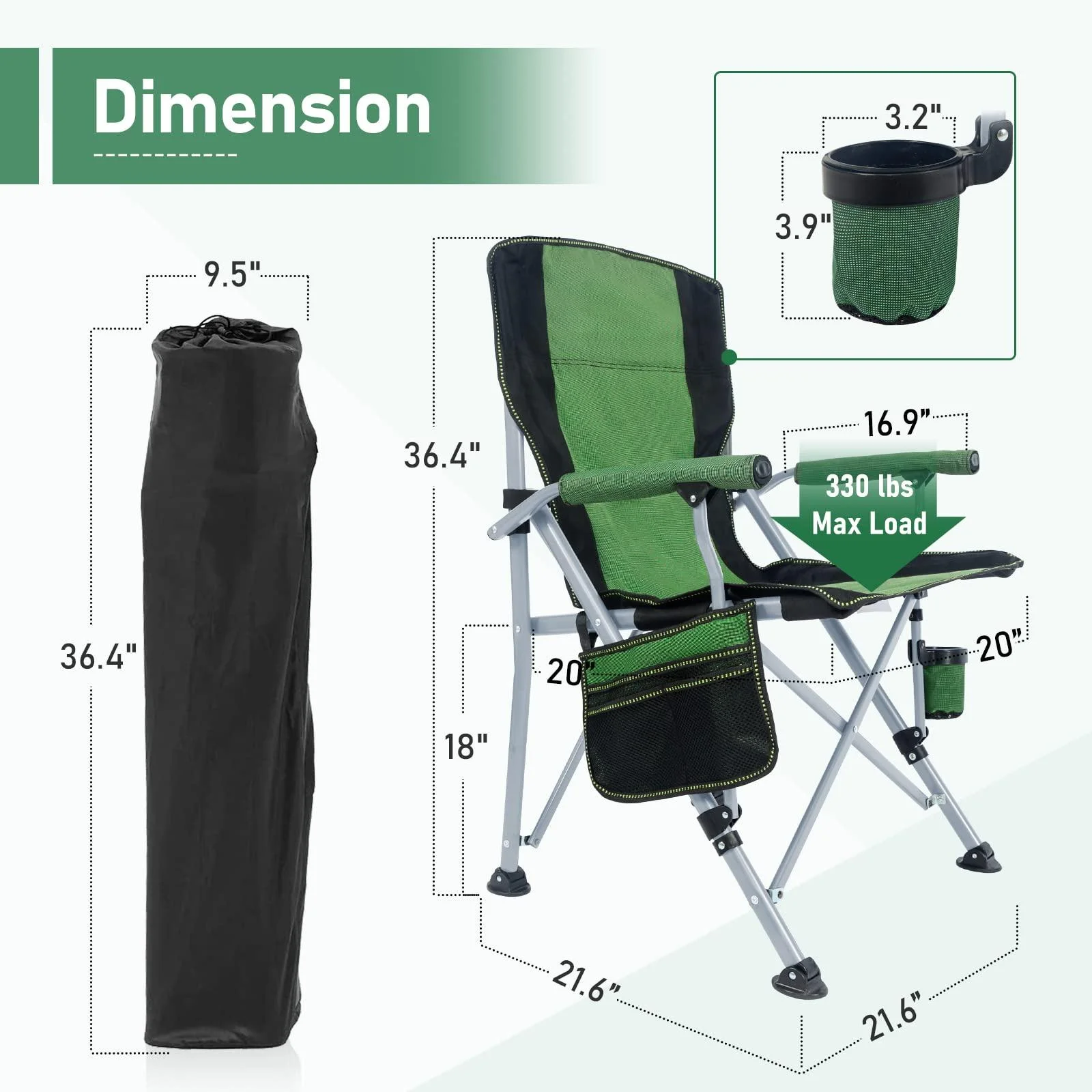 Honeilife Folding Camping Chair Adult Support 330lbs, Heavy Duty Portable Outdoor Beach Chair, Foldable Lightweight Lawn Chair with Cup Holder&Carry Bag for Fishing Outside Sports Picnic, Green