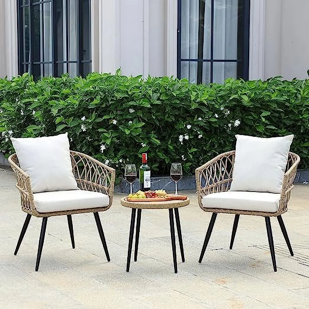 Idzo Pierre Wicker Patio Table And Chairs Set of 2 with Premium Olefin Fabric Soft Cushions