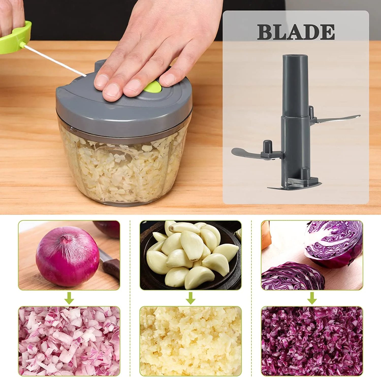 Food Chopper Vegetable Cutter, Cambom Chopper Hand String Vegetable Chopper Onions Cutter for Vegetable Fruits Nuts BPA Free Food Safe Material 650ML（Gray）