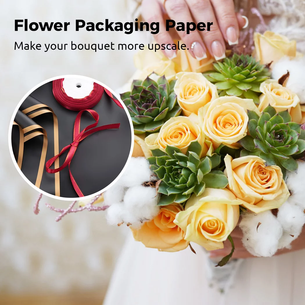 20PCS Wrapping Paper, Waterproof Flowers Packaging Paper with Gold Border, DIY Wrapping Sheets for Gift Box Packaging Florist Bouquet 23