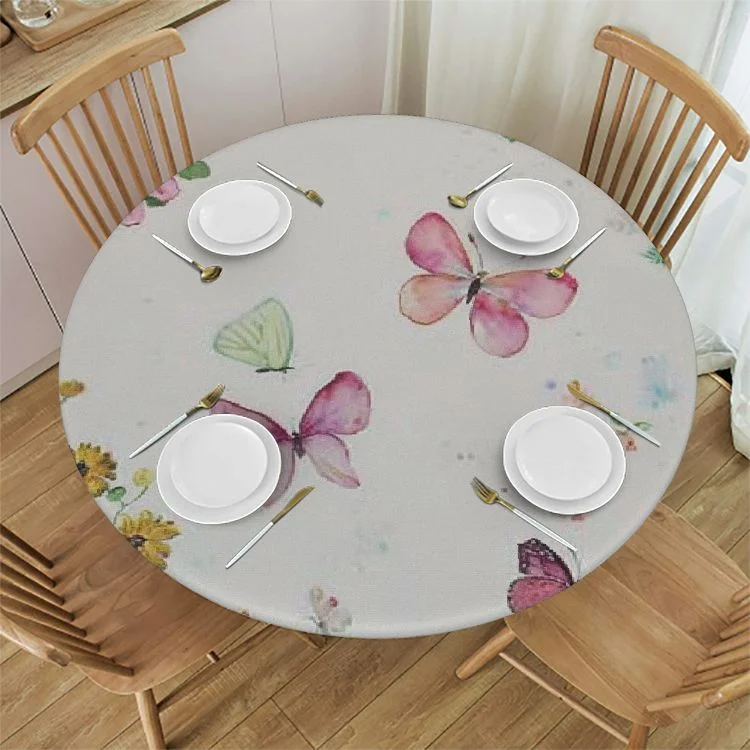 WXKJ Round Table Cover, Waterproof Reusable Table Cloth Round Fitted Vinyl Tablecloth with Elastic Edged for Outdoor Party,Spring Watercolor Butterfly Pink Flowers Table Cover White