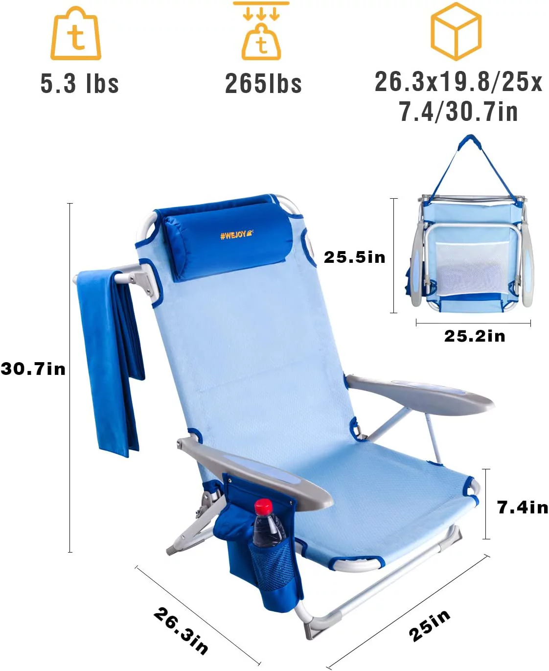 #WEJOY Folding Beach Chair for Adults, 4-Position Lightweight Beach Chair, Low Beach Chairs with Shoulder Strap, Cup Holder and Headrest, Supports 265lbs for Beach Lawn (Blue)