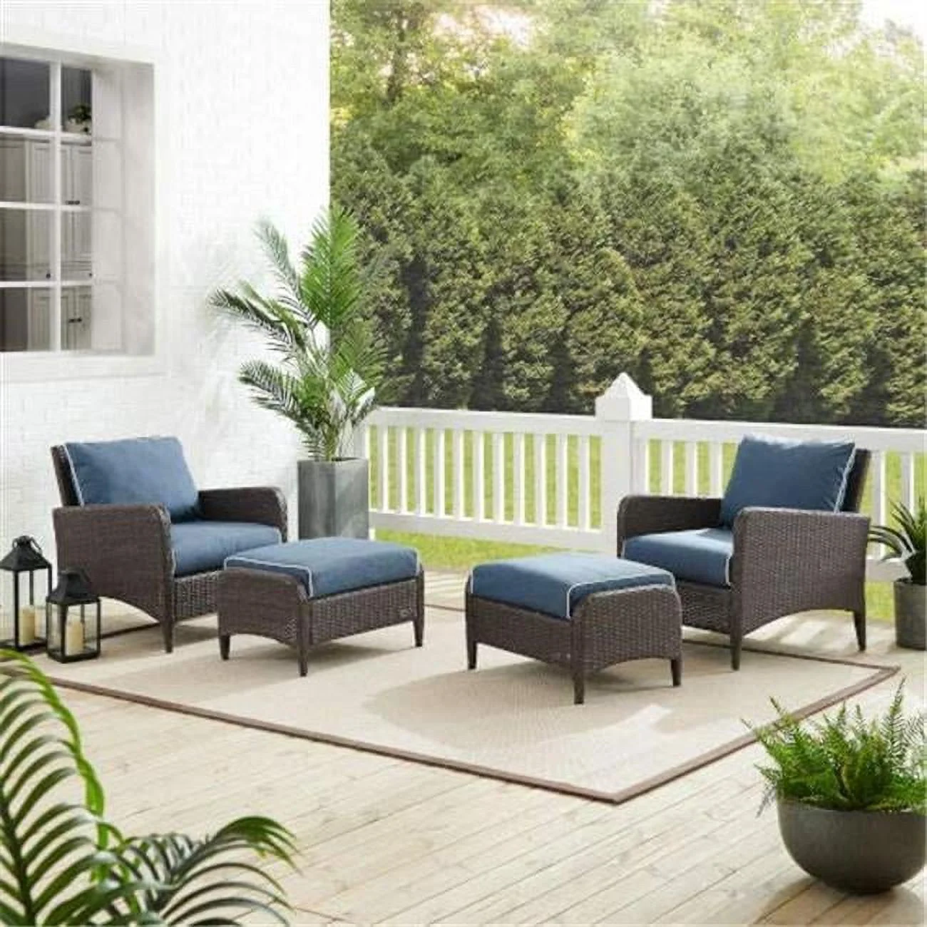 Kiawah Outdoor Wicker Chat Set - 2 Arm Chairs & 2 Ottomans, Blue & Brown - 4 Piece