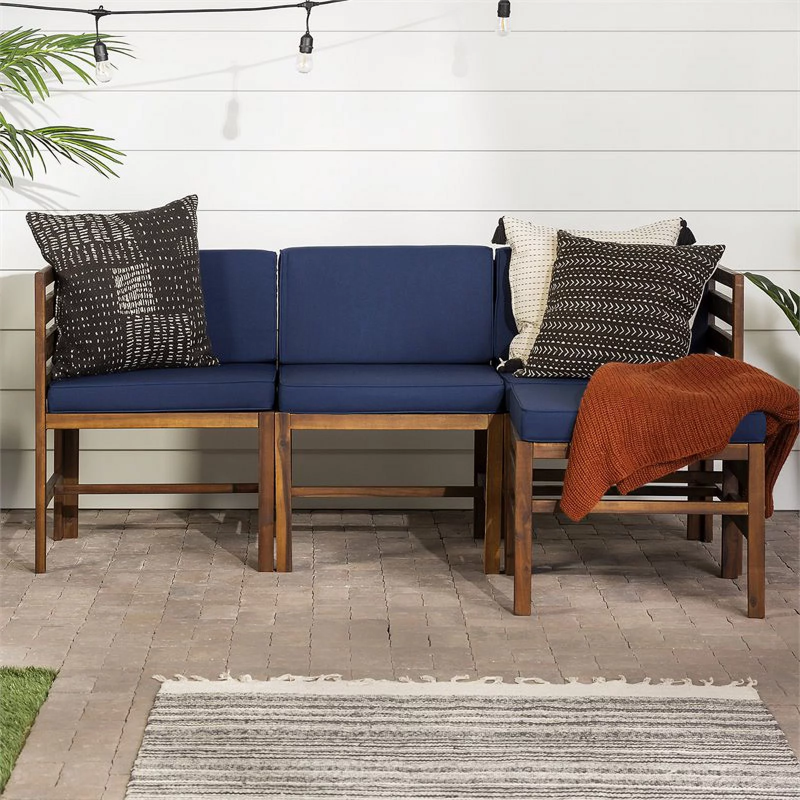 Sanibel 4 Piece Modular Acacia Set with Ottoman in Dark Brown/Navy Blue