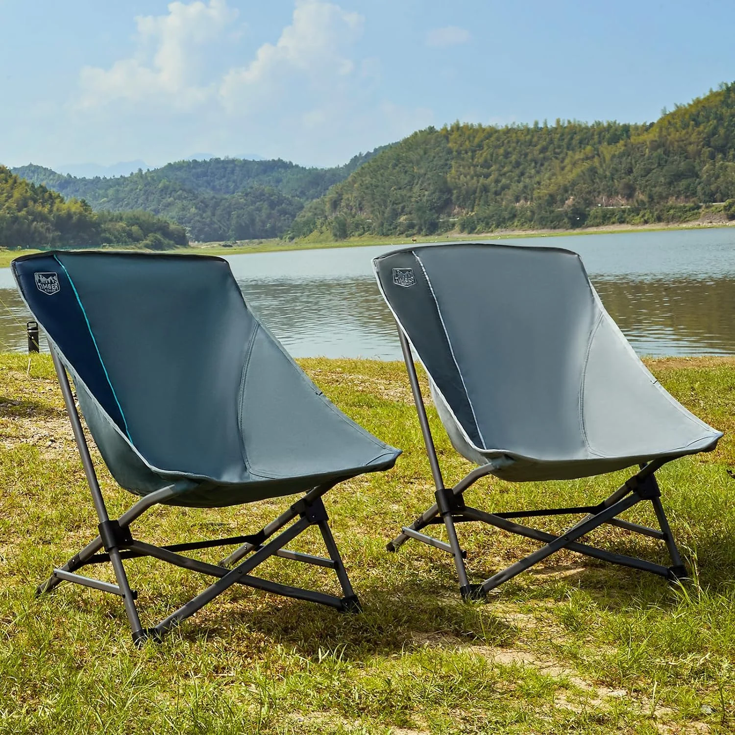 TIMBER RIDGE Folding Camping Chair for Adults, Stable Low Seat Beach Chairs with Carry Bag, Portable High Back Chair for Outdoor Camp Sand Lawn Concert, Supports 300Lbs Blue 2 Pack