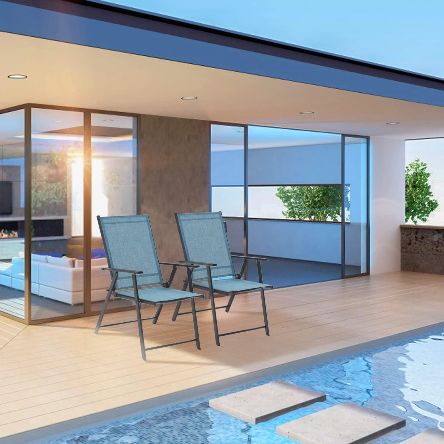 VICLLAX Outdoor Folding Chair, Portable Patio Chair, Set of 2 Patio Dining Chairs, Stackable Lawn/Camping Chair- 2 Pack, Blue