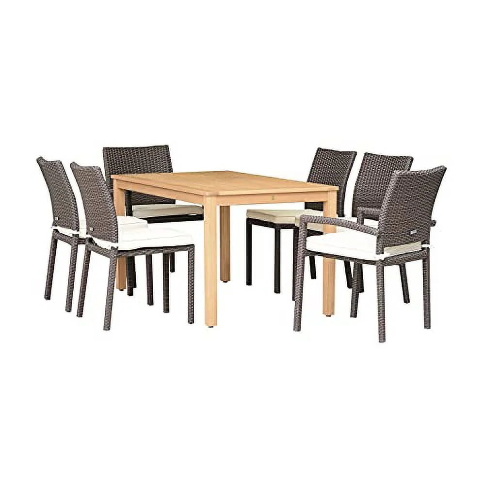 International Home Miami Amazonia Wilshire 7 Piece Rectangular Eucalyptus Patio Dining set  Teak Finish and Brown Wicker Chairs with cushions Durable and Ideal for Indoors and Outdoors