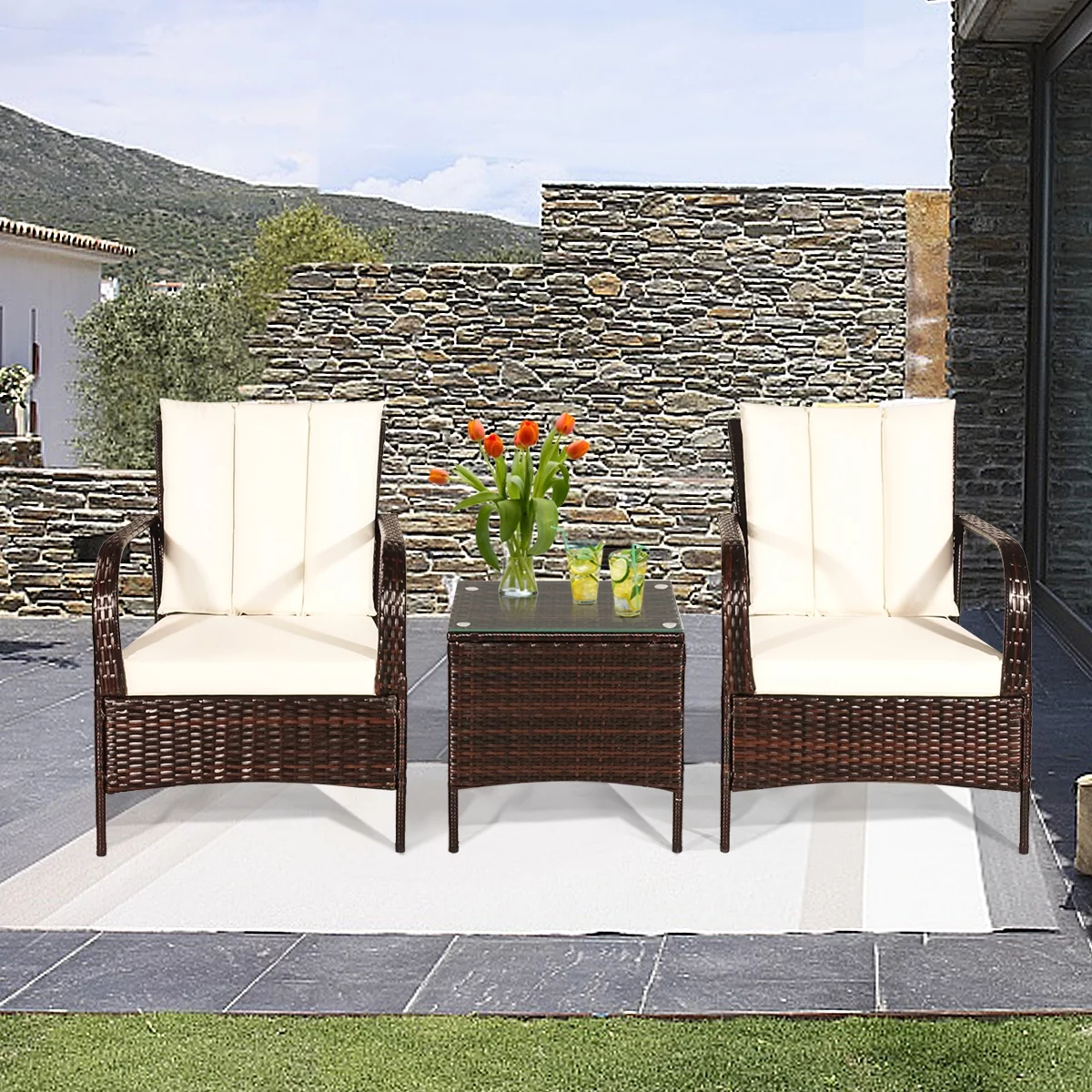 Boyel Living 3 Pcs Patio Conversation Set Rattan Furniture Set PE Rattan Chairs Set and Table, White