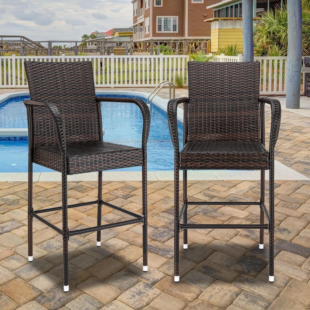 2 Pieces Lawn Patio Single Backrest Bar Chairs PE Rattan Iron Wicker Furniture
