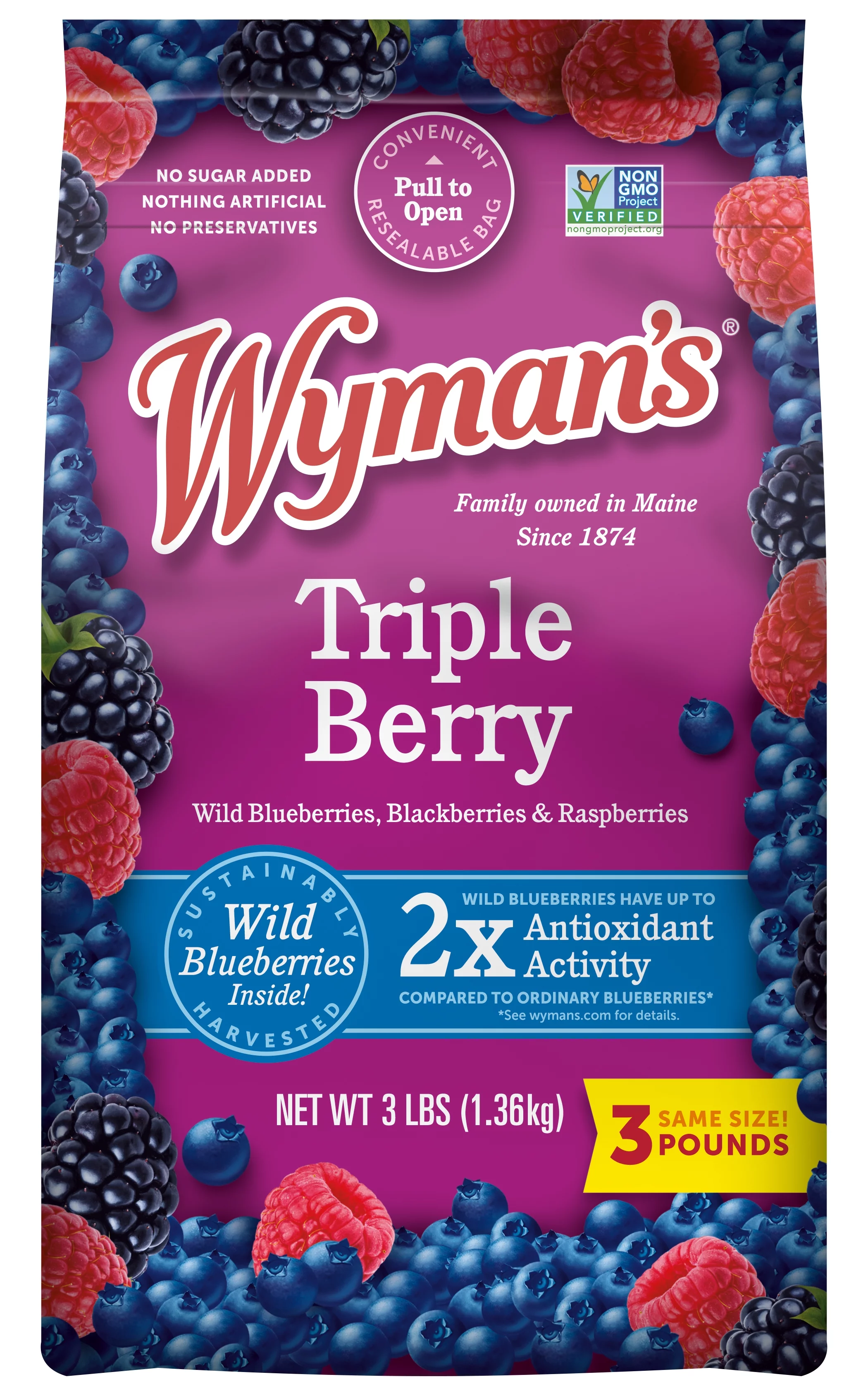 Wyman's Triple Berry Blend with Blueberries, Blackberries and Raspberries, 1 - 48 oz Bag (Frozen)