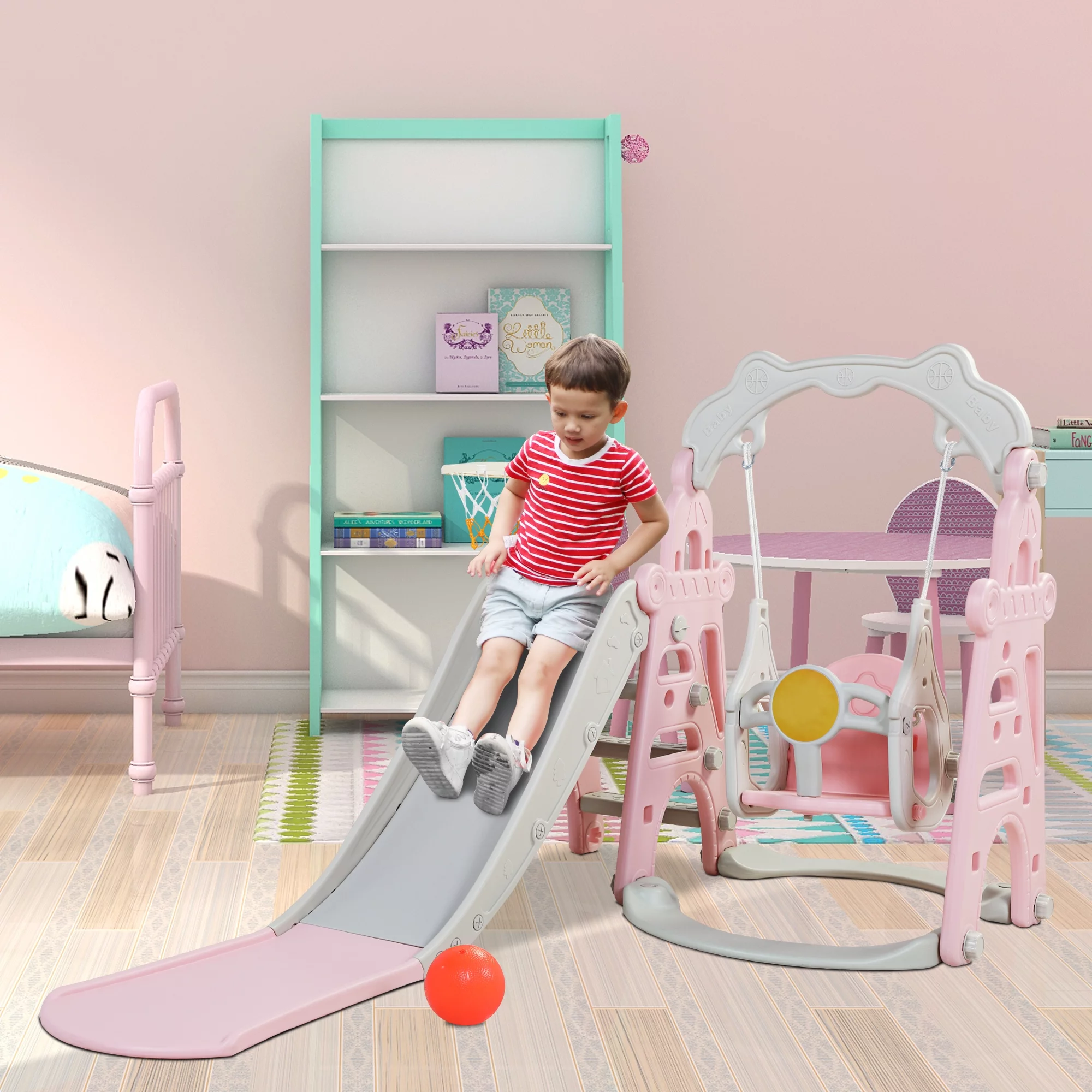 Toddler Swing and Slide Play Set, 3 In 1 Kid Toddler Outdoor Playset, Kids Play Climber Slide Playset with Basketball Hoop, Toddler Swing Set Outdoor Toys for Indoor Backyard, Pink+Gray